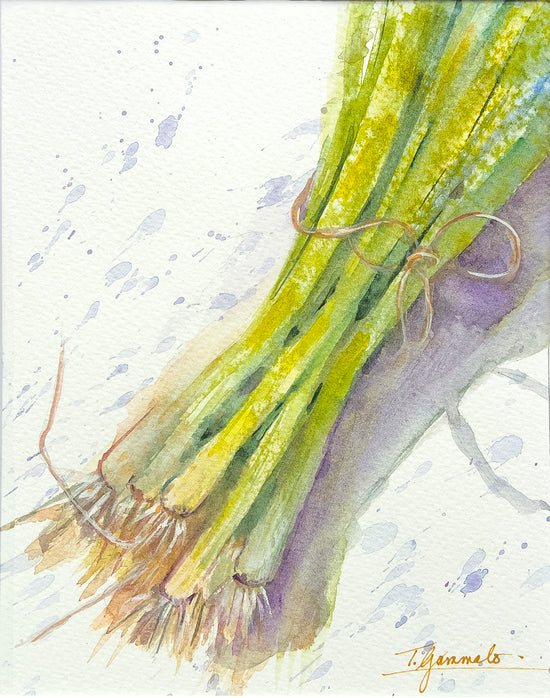 A still life of green onions tied with a small piece of twine  is the subject of this watercolor painting. The blending of colors gives the onions a variated appearance.