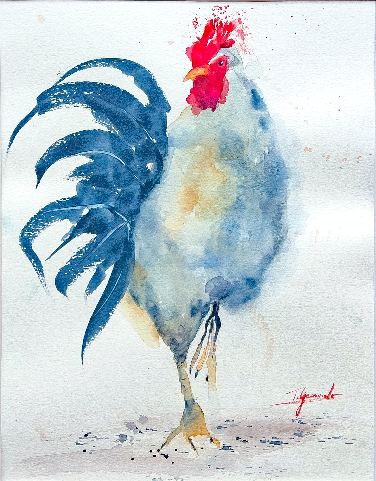 Teri Gammalo's rooster has an attitude. In blue gray tones, thanks to the blending of the water colors. His feathers are blue and the feathers on his head bright red.