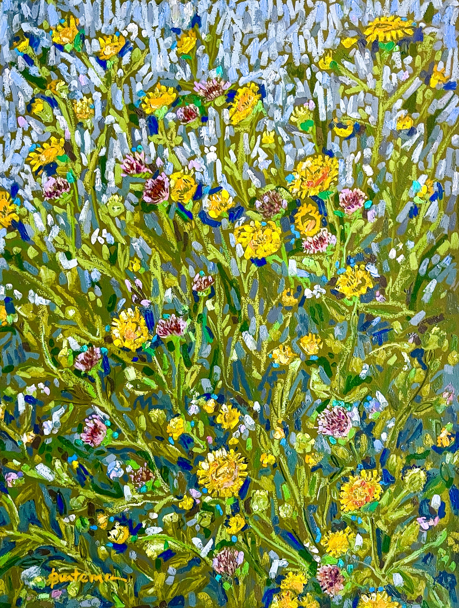 Colorful still life of free-growing wildflowers using greens, yellows, splashes of pink; 9"x12" w/o frame; artist Rachel Bunteman