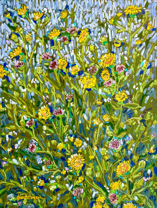 Colorful still life of free-growing wildflowers using greens, yellows, splashes of pink; 9"x12" w/o frame; artist Rachel Bunteman