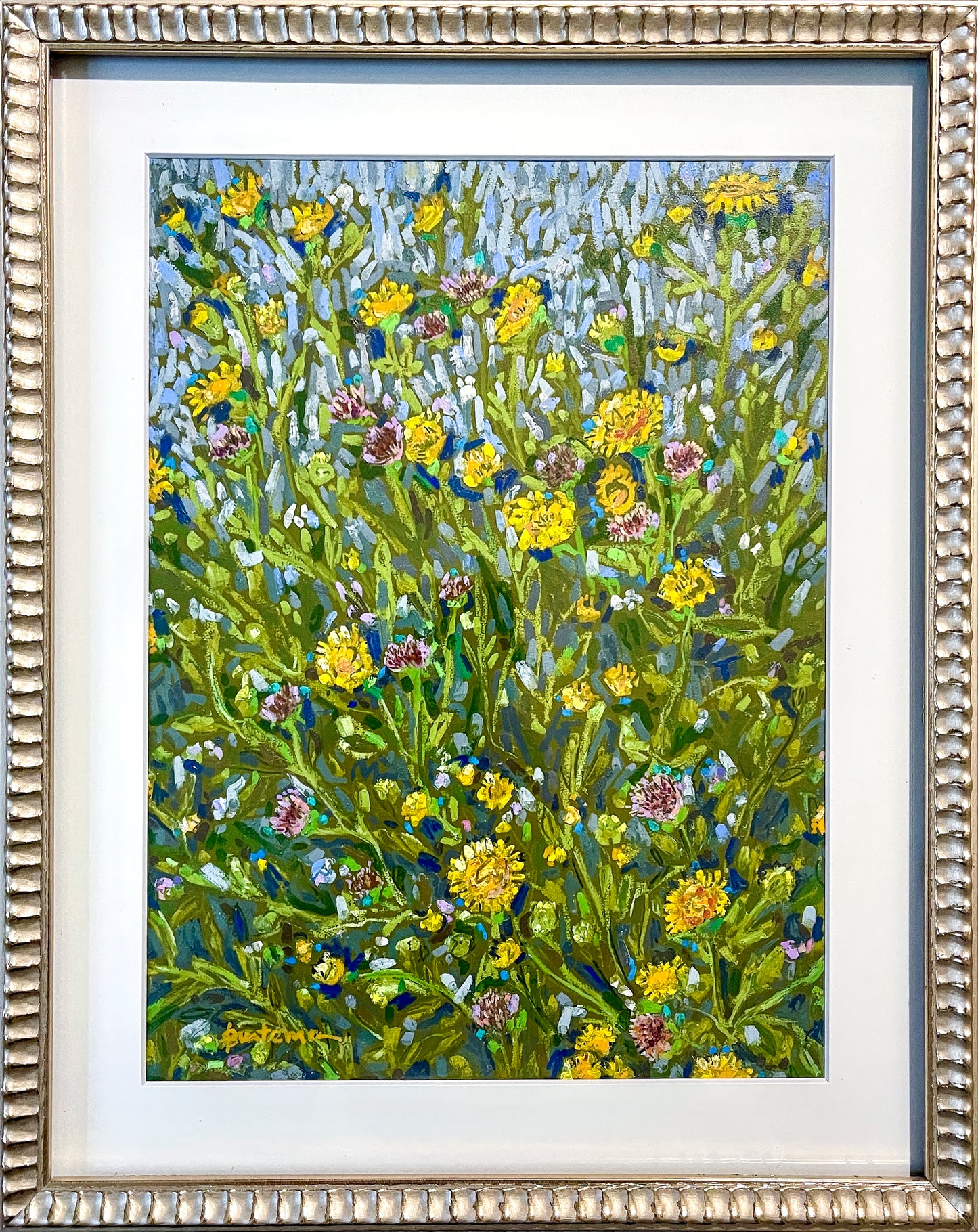 Colorful still life of free-growing wildflowers using greens, yellows, splashes of pink; 15"x19" with frame; artist Rachel Bunteman