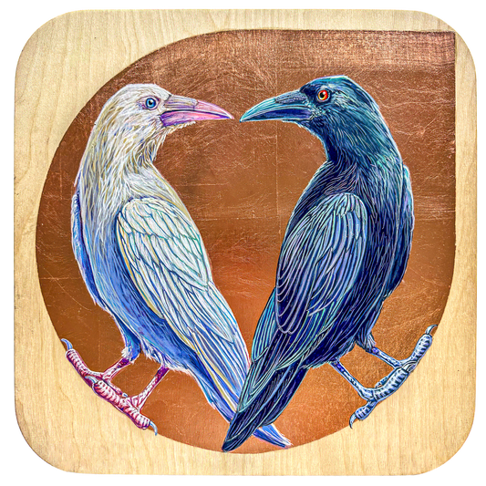 Two painted ravens, one white and one black, turning face to face. Painted against a copper leaf background on natural birch wood; artist Marie Lavallee