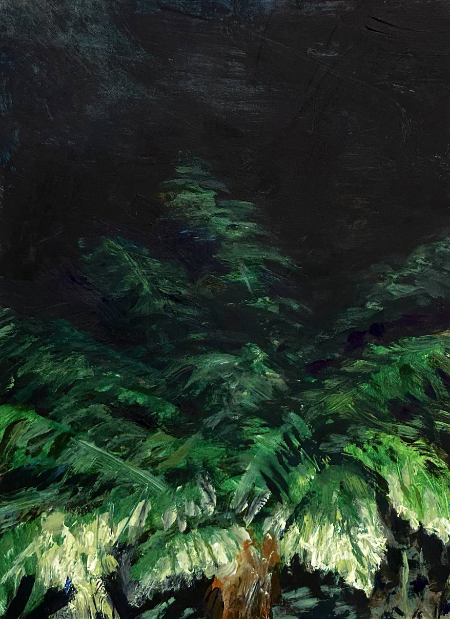 Oil painting of top of palm tree using shades of green titled 'In the Dark' by E. E. Jacks