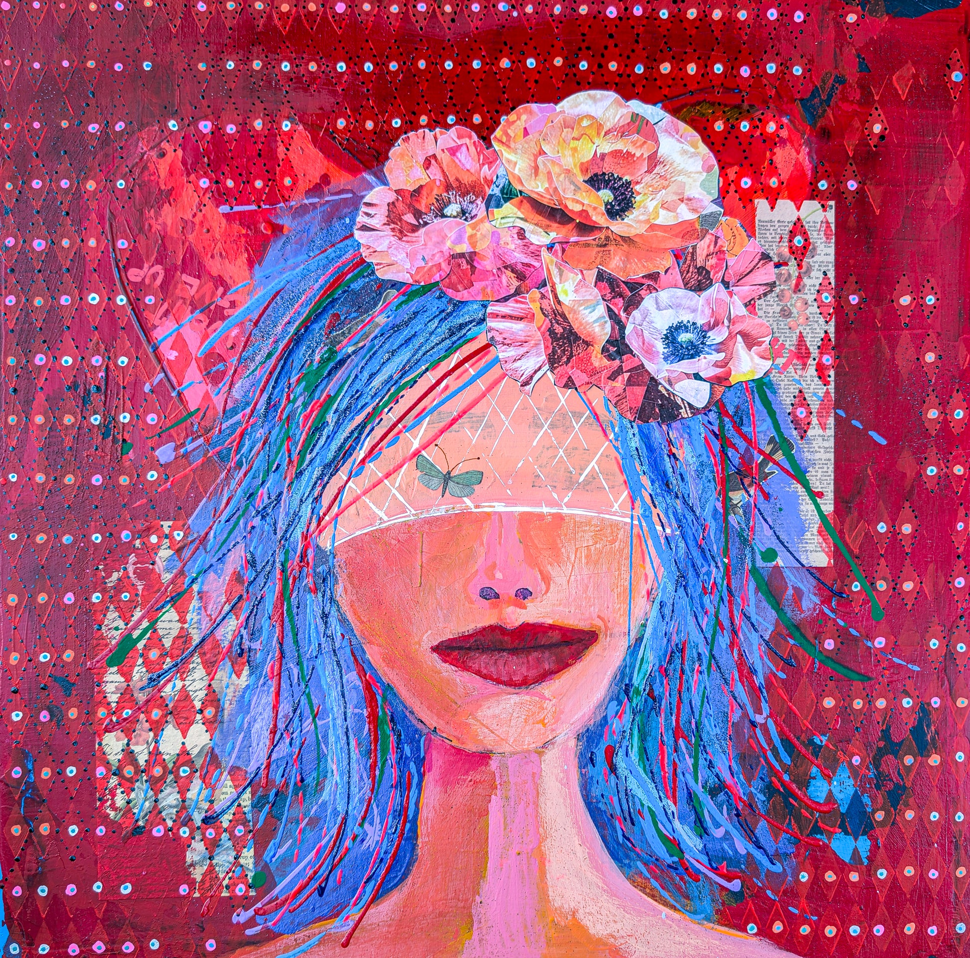 Gina Barnes' In Bloom is a spectacular portrait of a serene looking young girl with blue hair adorned with a headdress of flowers. The portrait is shown on a background of red with small white dots. 