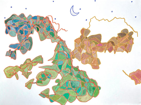 An abstract watercolor using various shades of greens, yellows, and blues depicting the artist’s rendering of an internal landscape of energies under a shimmering crescent moon; artist Kacie Martinez