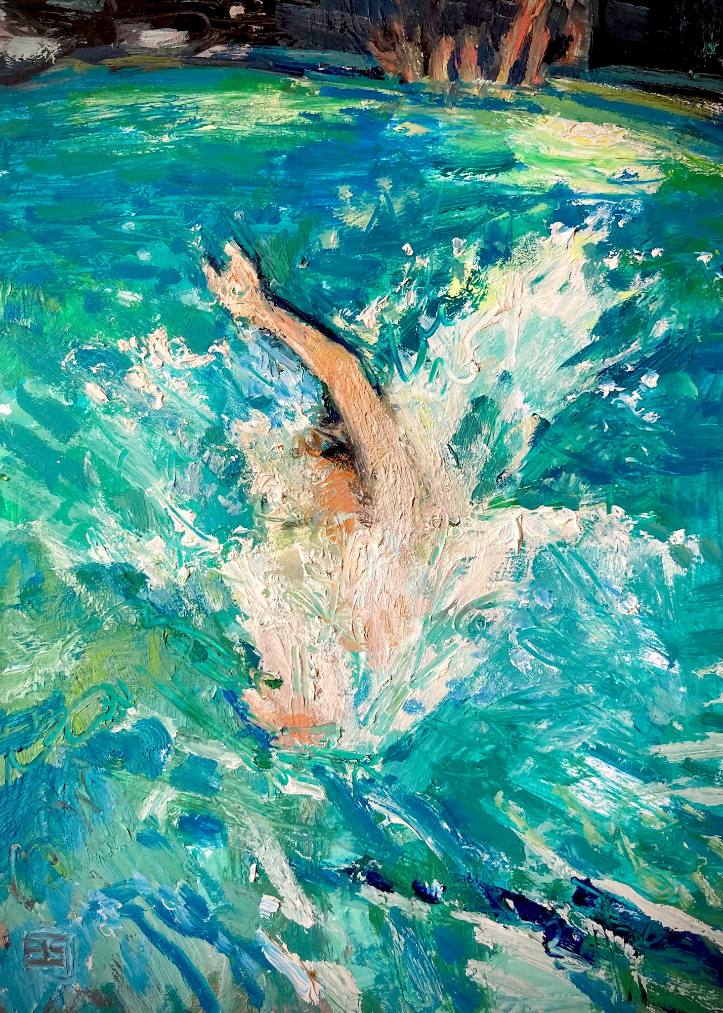 Image of a swimmer jumping into a pool. The water splashes around as the swimmer holds one arm out. Spectators can be seen on the edge of the pool. 