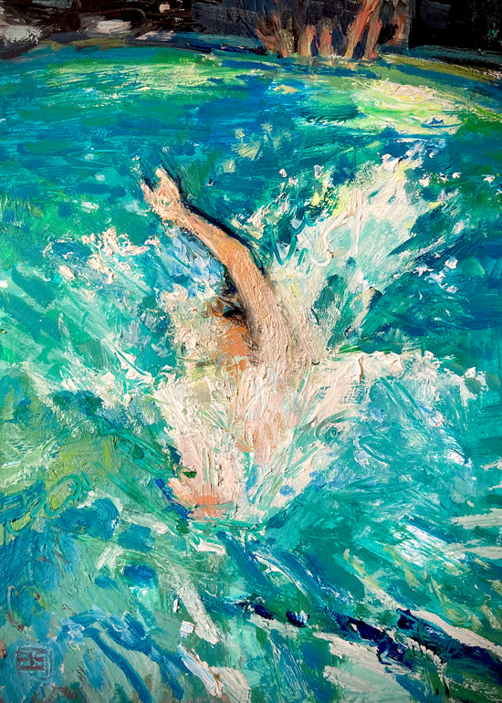 Image of a swimmer jumping into a pool. The water splashes around as the swimmer holds one arm out. Spectators can be seen on the edge of the pool. 