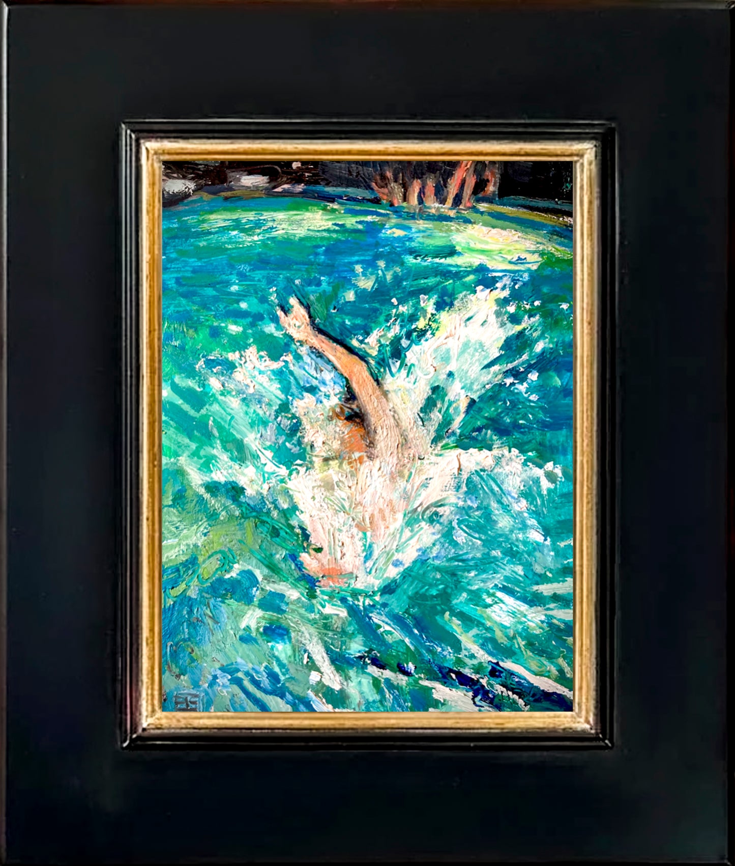 Jump is shown here framed in a black wooden frame with a gold inner border. 