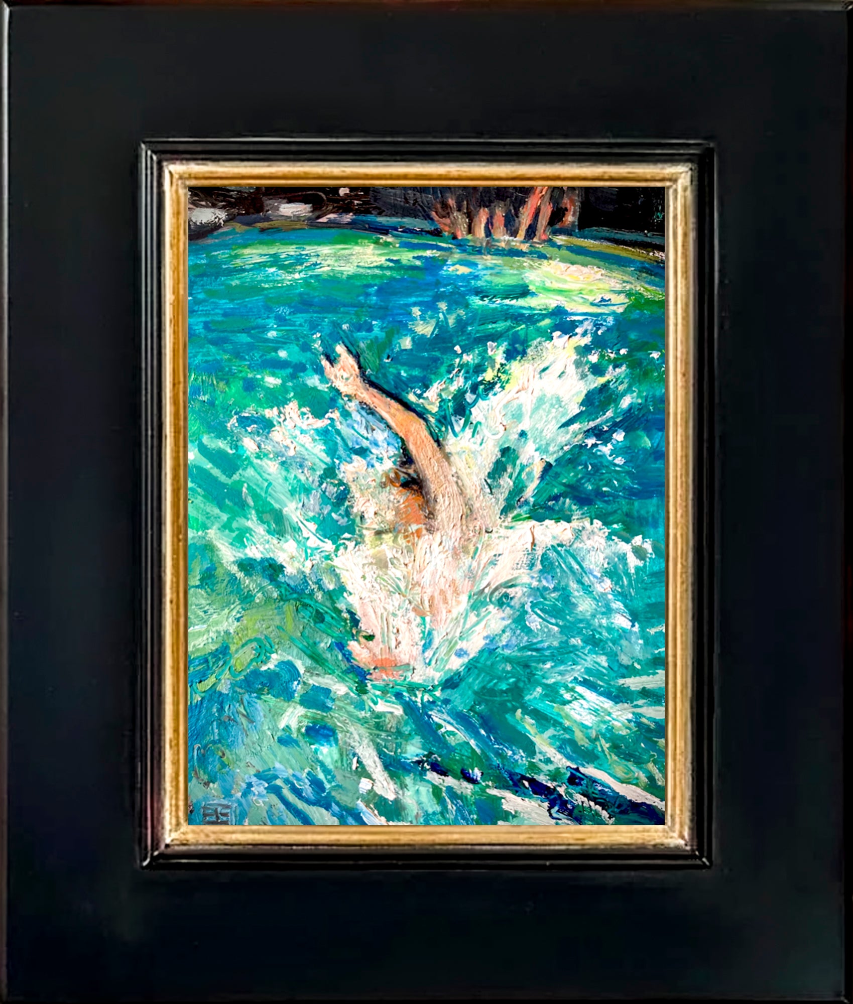 Jump is shown here framed in a black wooden frame with a gold inner border. 