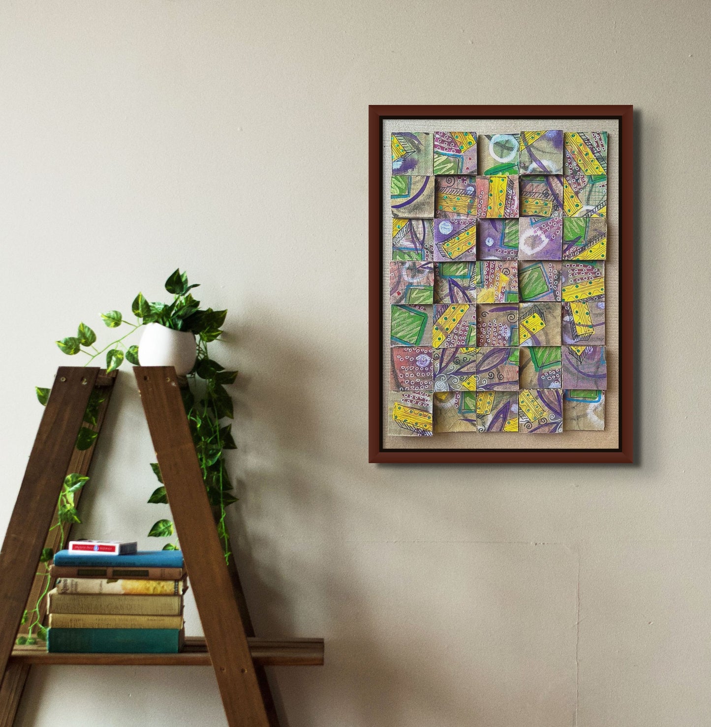 Mixed media, on cardboard with added individual graphic cardboard tiles, titled Patchwork by artist Jenifer Hernandez, framed for display only in cherry wood and floated against black background.