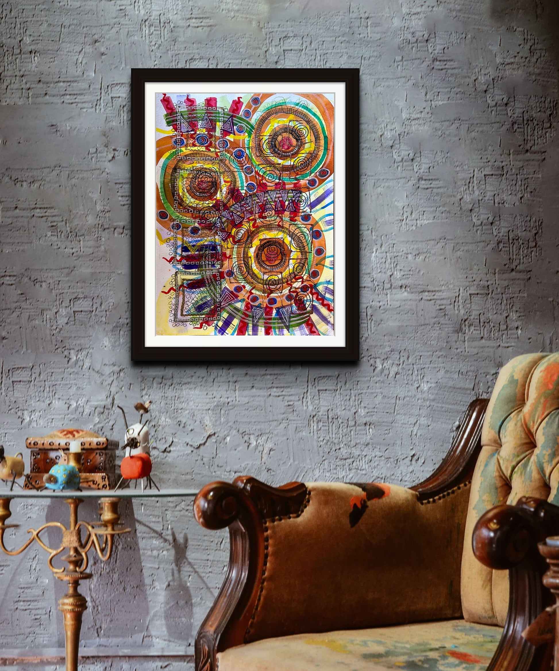 Colorful mixed media abstract and graphic design titled Trilogy by artist Jenifer Hernandez., framed for display only in dark wood and floated on black background.