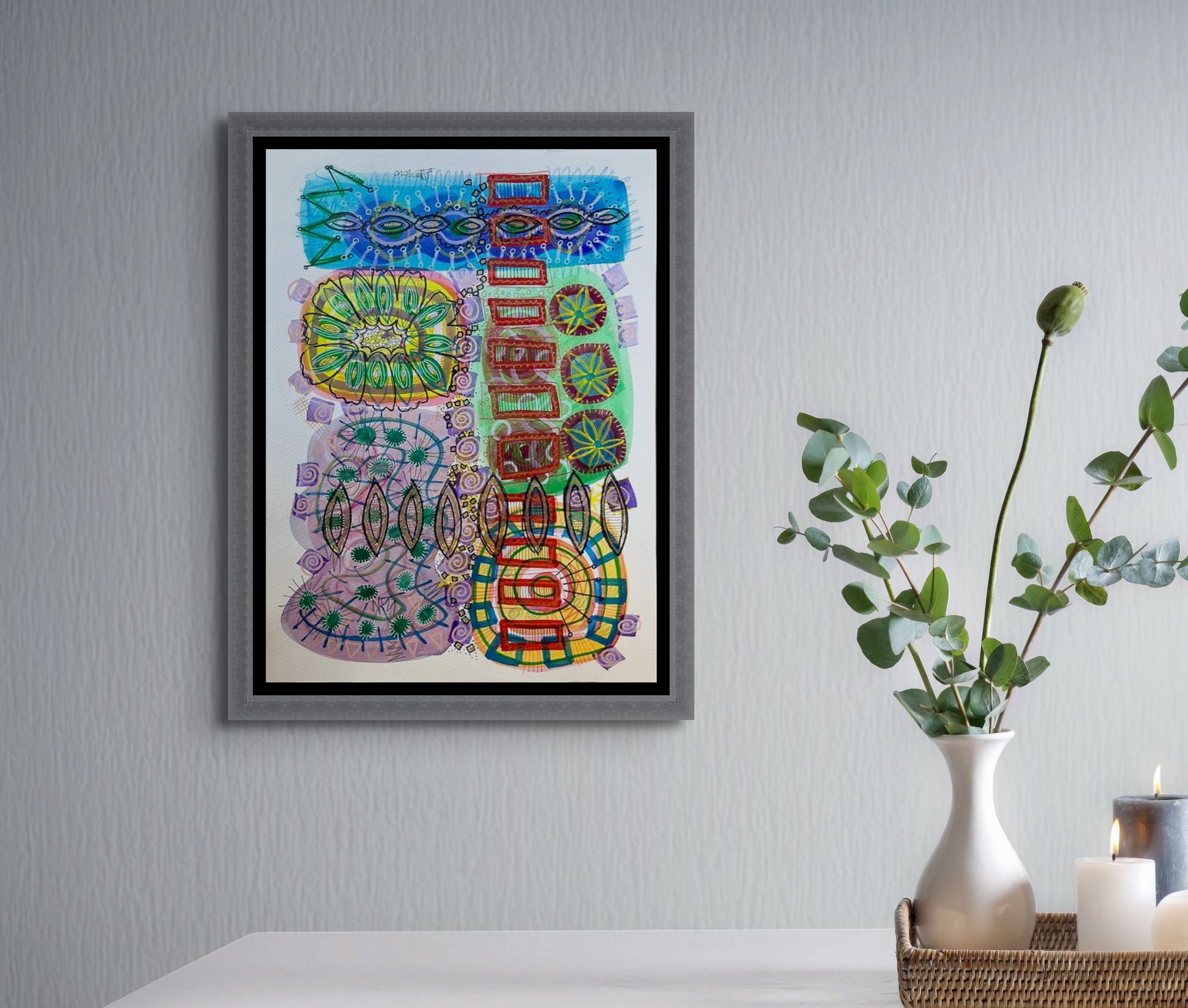Colorful mixed media abstract and graphic design titled Stepladder by artist Jenifer Hernandez., framed for display only in grey wood and floated on black background.