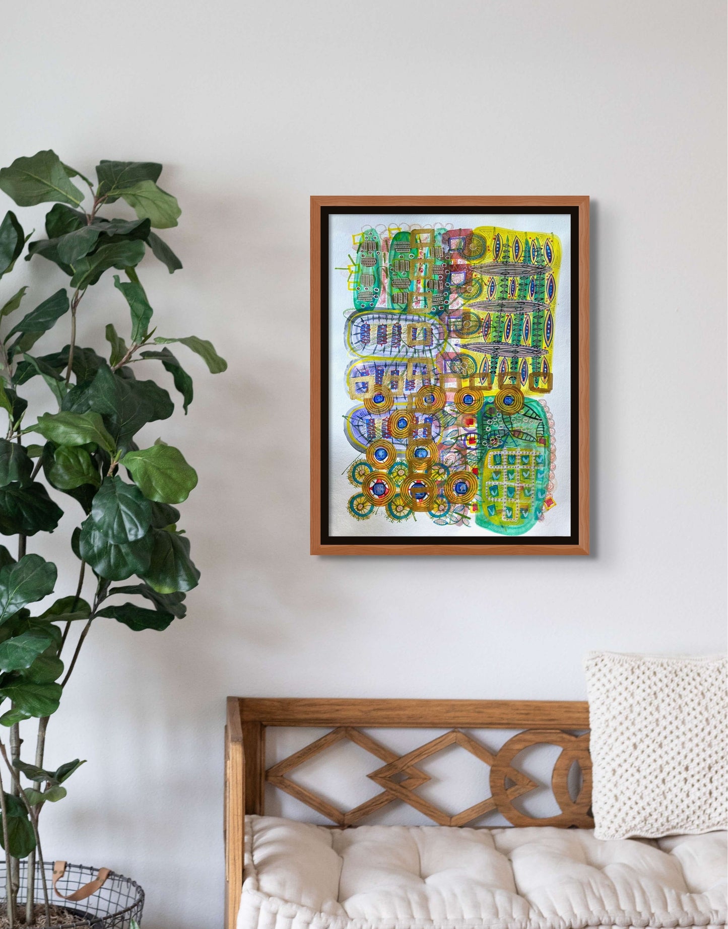 Colorful mixed media abstract and graphic design titled Circuit Board by artist Jenifer Hernandez., framed for display only in cherry wood and floated on black background.