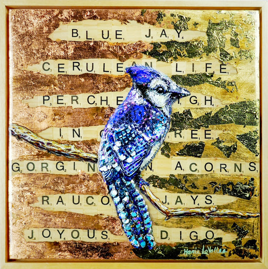 Mixed media painting in acrylic on wood panel; includes lettered tiles, hand-applied copper leafing, and Blue Jay made from various colored sequins; resin finish on surface; artist Marie Lavallee
