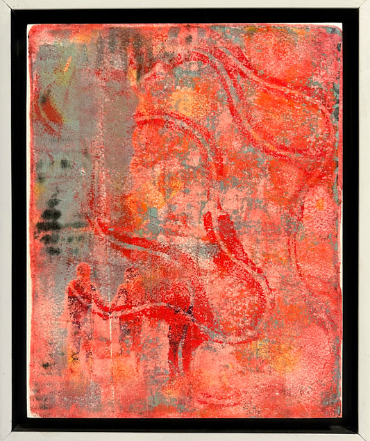 Colorful acrylic abstract print using reds, oranges, and pinks; artist Bob Hogue; shown with white frame