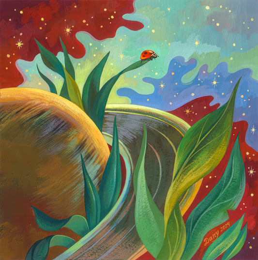 This colorful and fantasy filled painting shows a planet with rings admidst green leaves adorned by a solitary lady bug. The background is a sky of red, green and blue dotted with stars. 