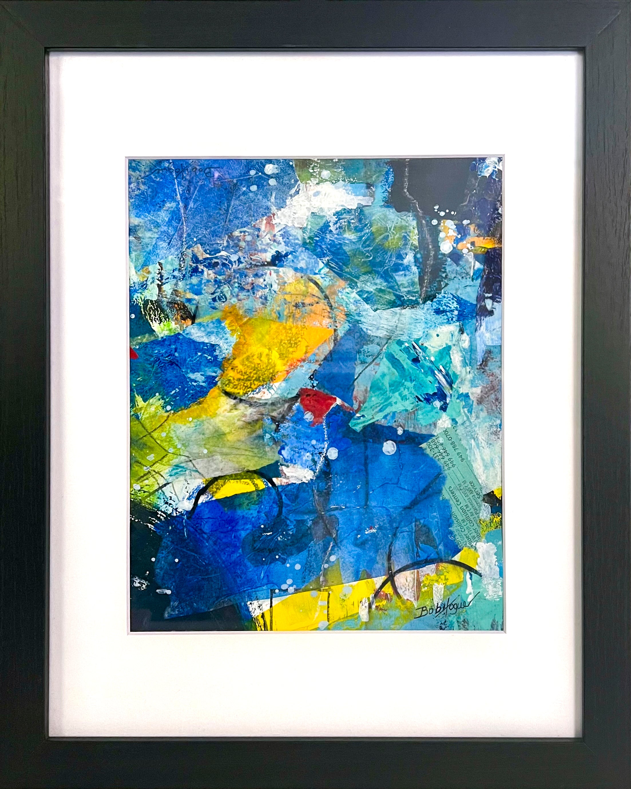 Colorful abstract painting using acrylic; predominant blue, yellow, with teal highlights; artist Bob Hogue; 8"x10" and w/black wood frame and white mat 11"x 14"