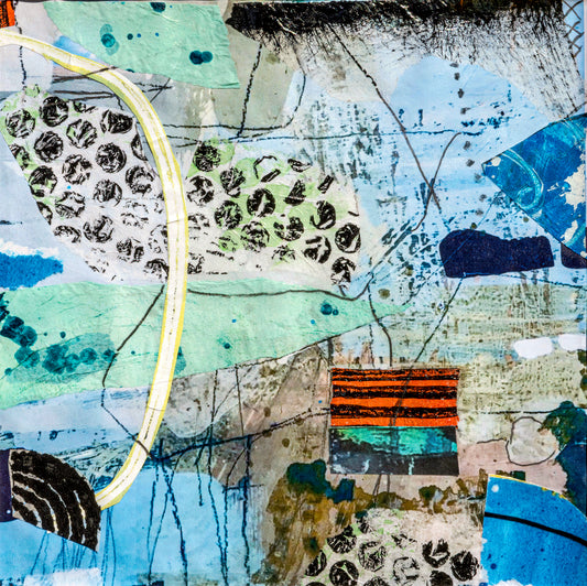 'Lasting Impressions' is a mixed media painting and collage using a blue and green palette with a patch of orange and black stripe. 