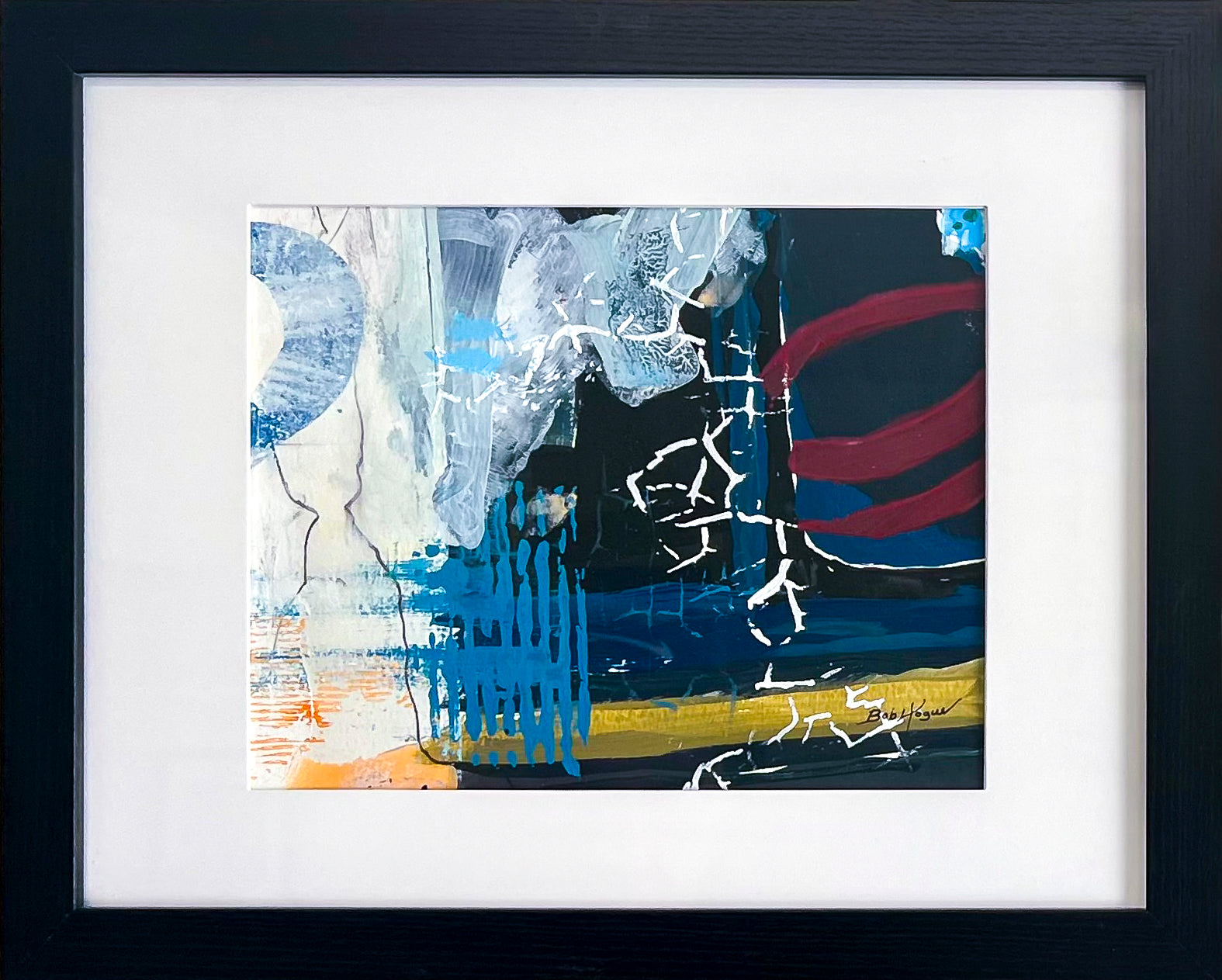 Colorful abstract painting using acrylic; predominant blue and white, with touch of red and yellow; artist Bob Hogue; 8"x10" and w/black wood frame and white mat 11"x 14"