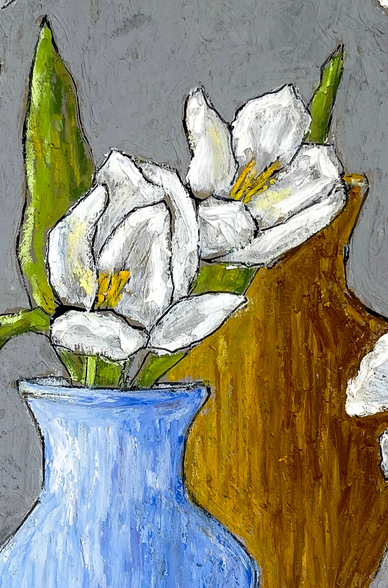 White flowers in a blue vase  and a brown vase against a gray background