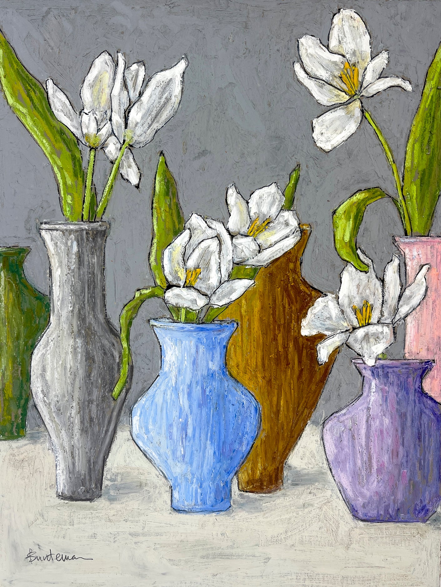 Artistic depiction of vases with white flowers on a textured surface. The vases are different shapes, colors and sizes.