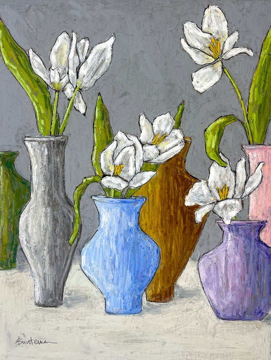 Artistic depiction of vases with white flowers on a textured surface. The vases are different shapes, colors and sizes.