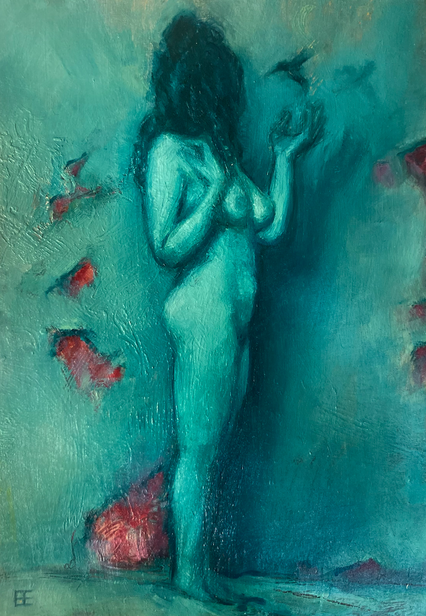 Oil painting of side view of nude woman with bird in blue shades with red highlights titled 'Little Bird' by E. E. Jacks