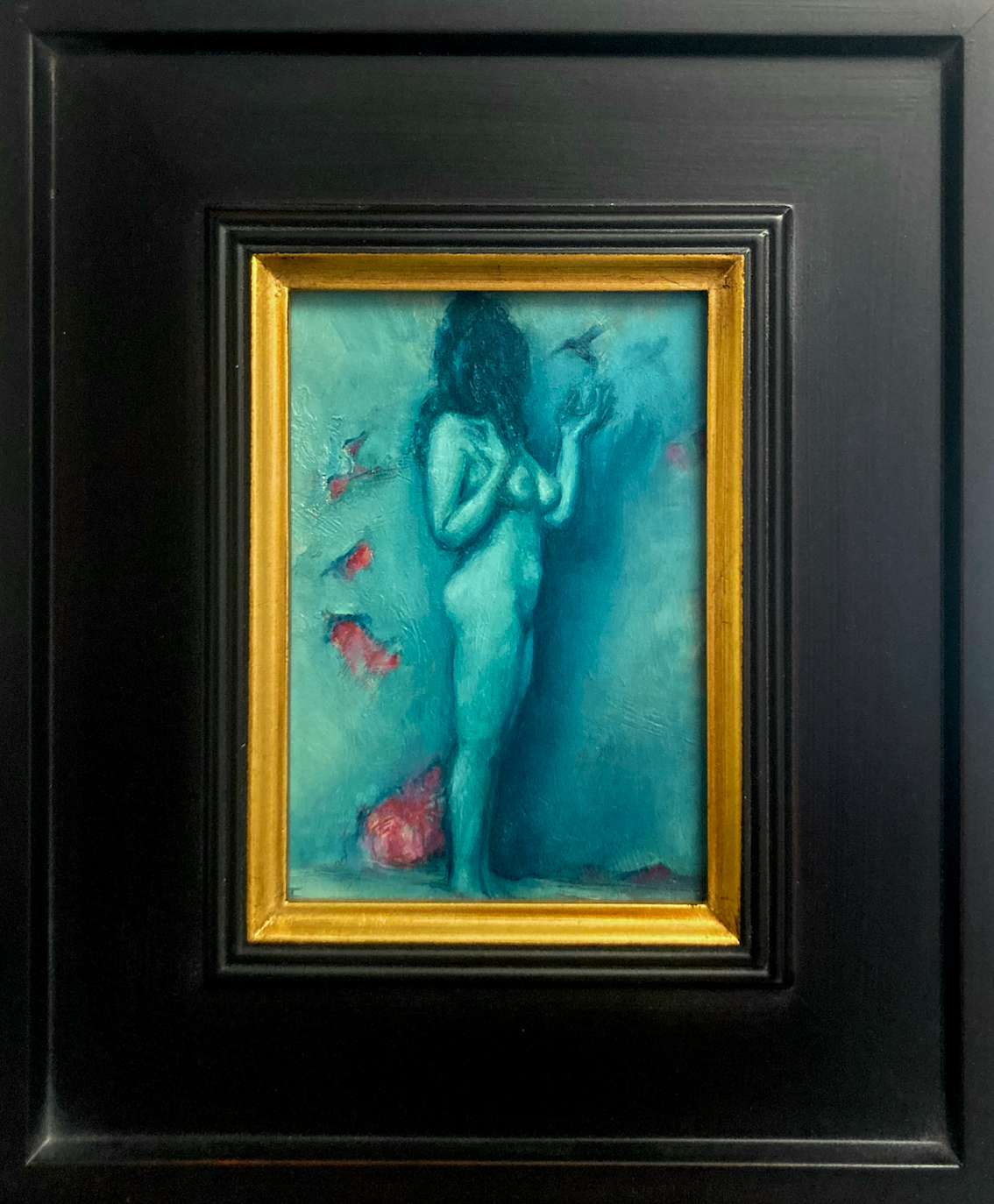 Oil painting of side view of nude woman with bird in blue shades with red highlights titled 'Little Bird' by E. E. Jacks with dark wood frame with gold trim