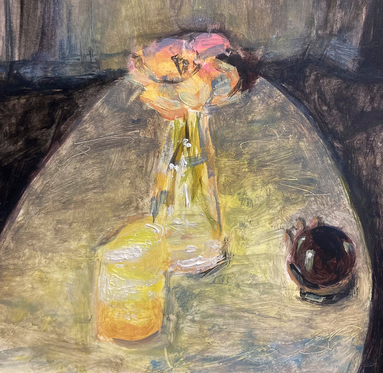 Oil painting of flowers in vase and drinks on table in yellow and gray shades titled 'Low Light' by E. E. Jacks