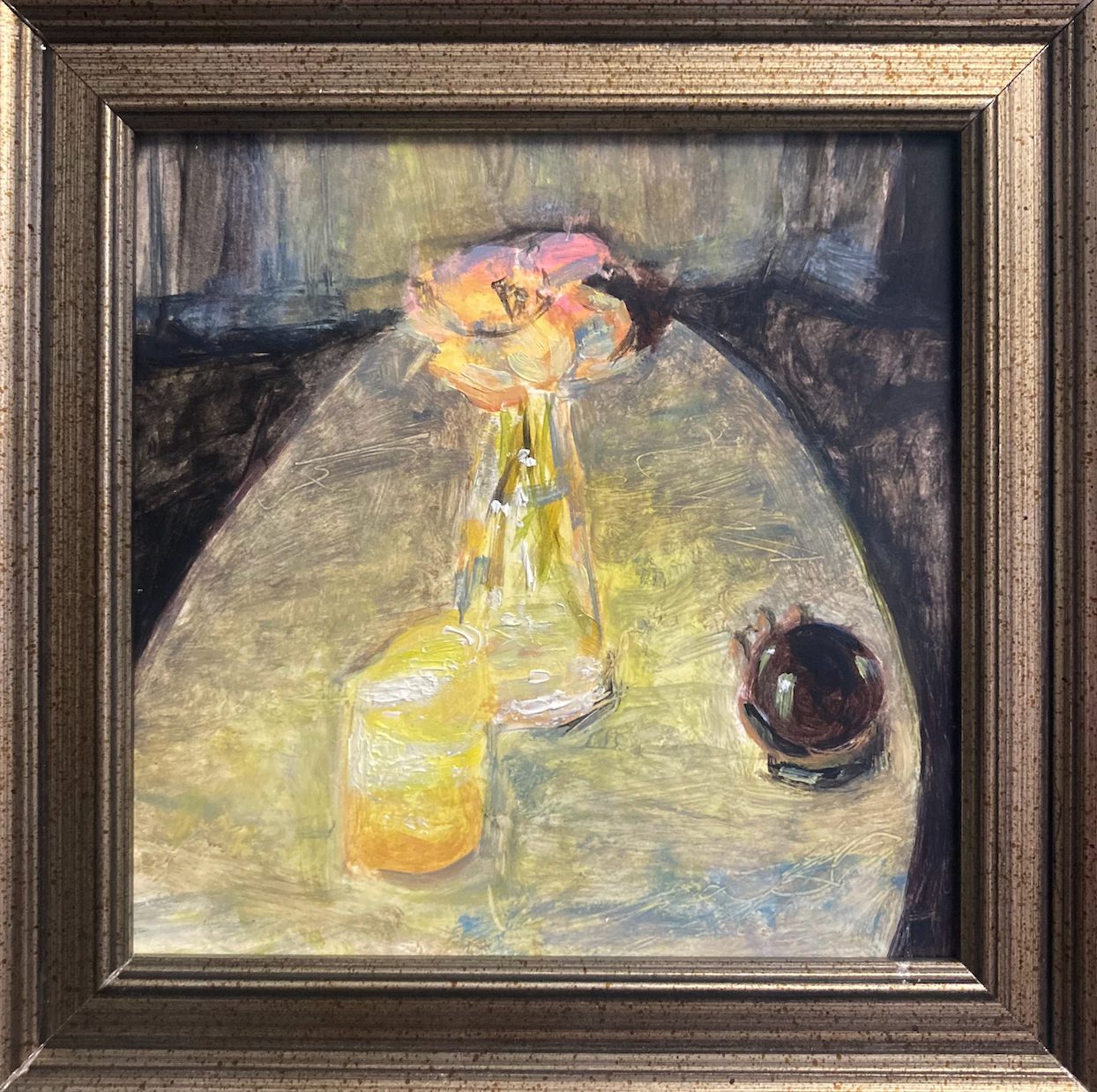 Oil painting of flowers in vase and drinks on table in yellow and gray shades titled 'Low Light' by E. E. Jacks with painted gold frame
