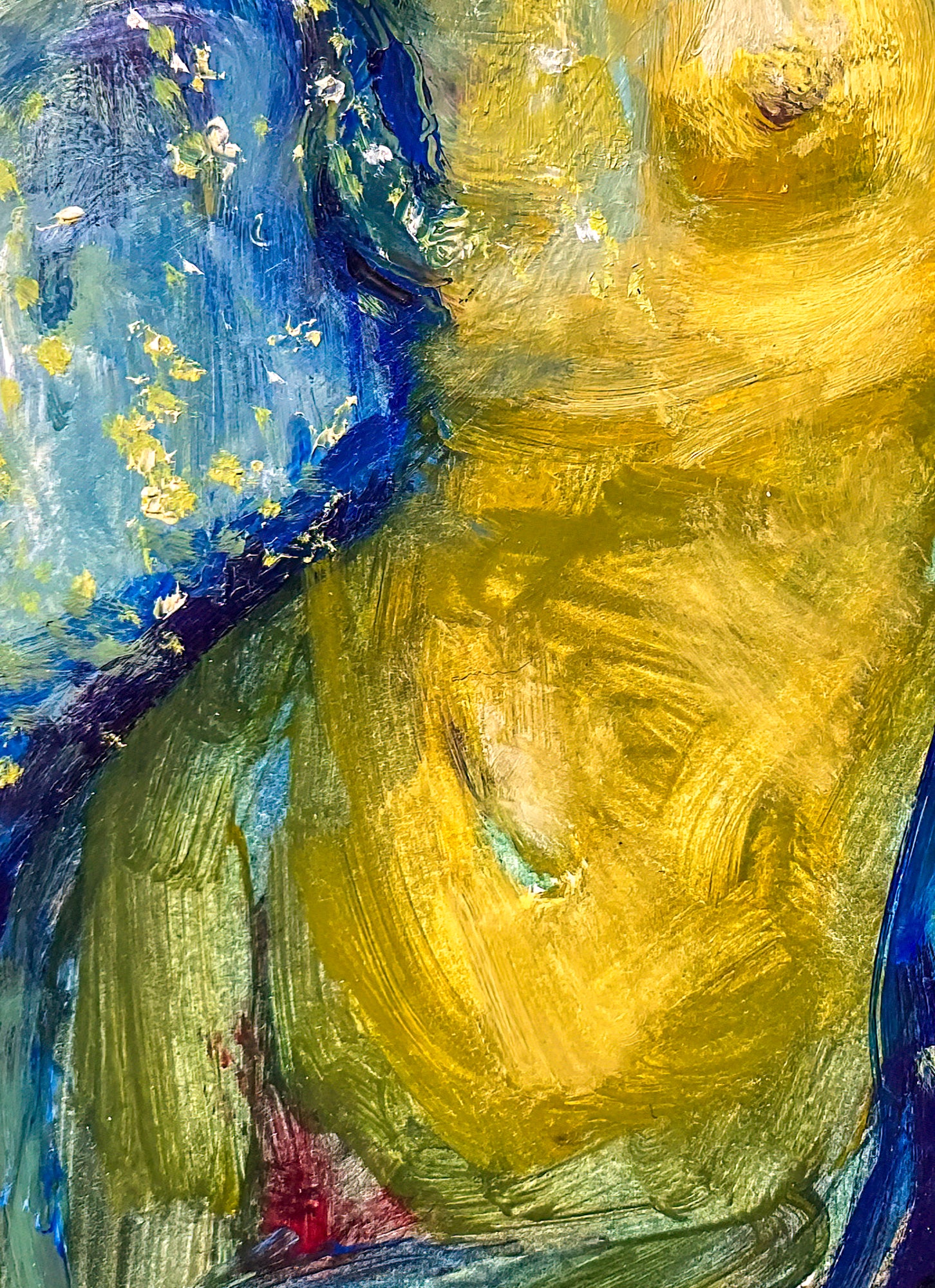 Close up of oil painting of nude female figure sits cradled within the curves of the moon, bathed in a soft, ethereal light; palette of blues, yellows, w/hints of purple and red; artist E. E. Jacks