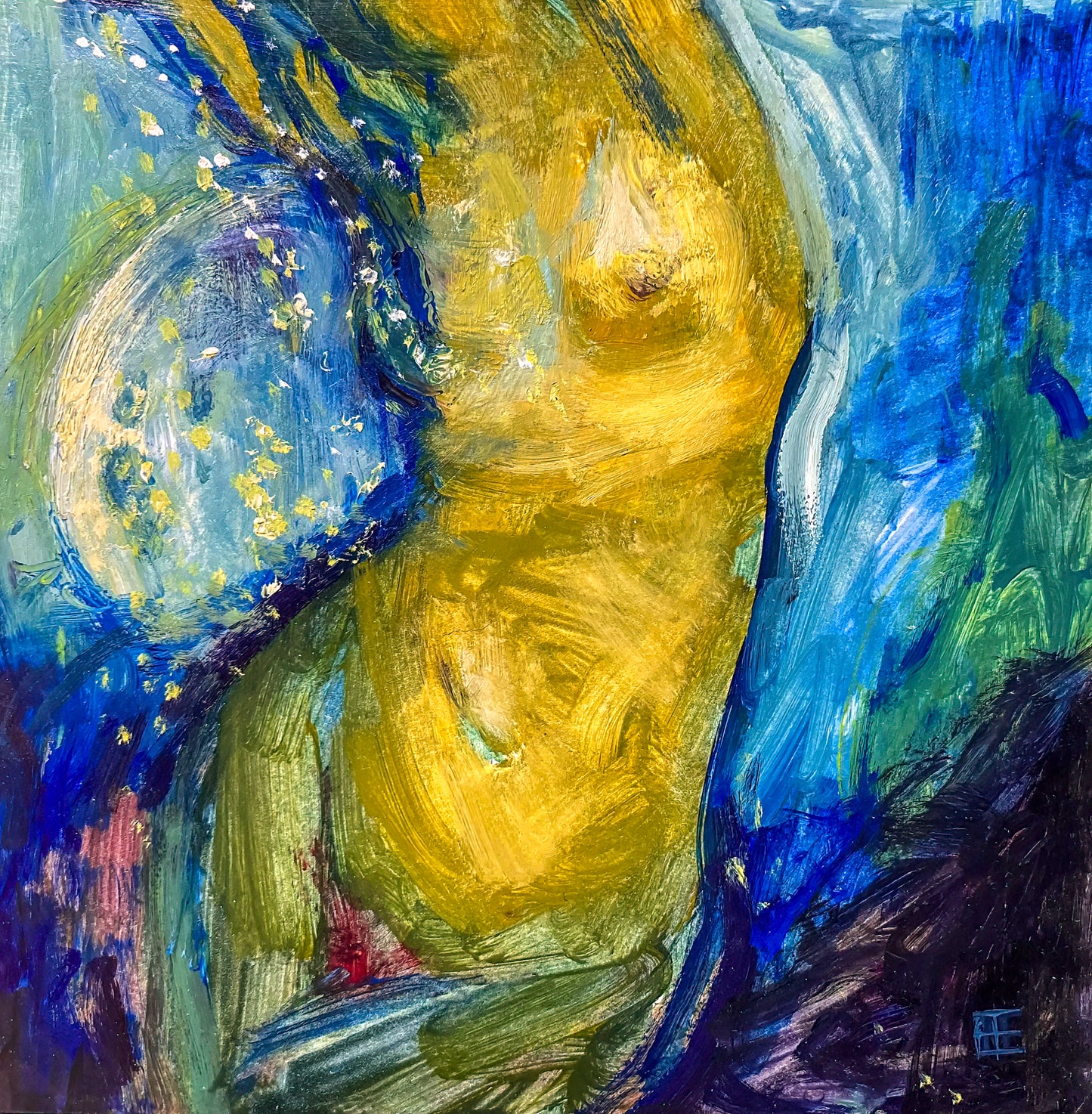  Oil painting of nude female figure sits cradled within the curves of the moon, bathed in a soft, ethereal light; palette of blues, yellows, w/hints of purple and red; artist E. E. Jacks