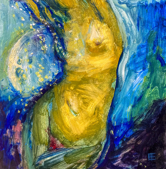  Oil painting of nude female figure sits cradled within the curves of the moon, bathed in a soft, ethereal light; palette of blues, yellows, w/hints of purple and red; artist E. E. Jacks