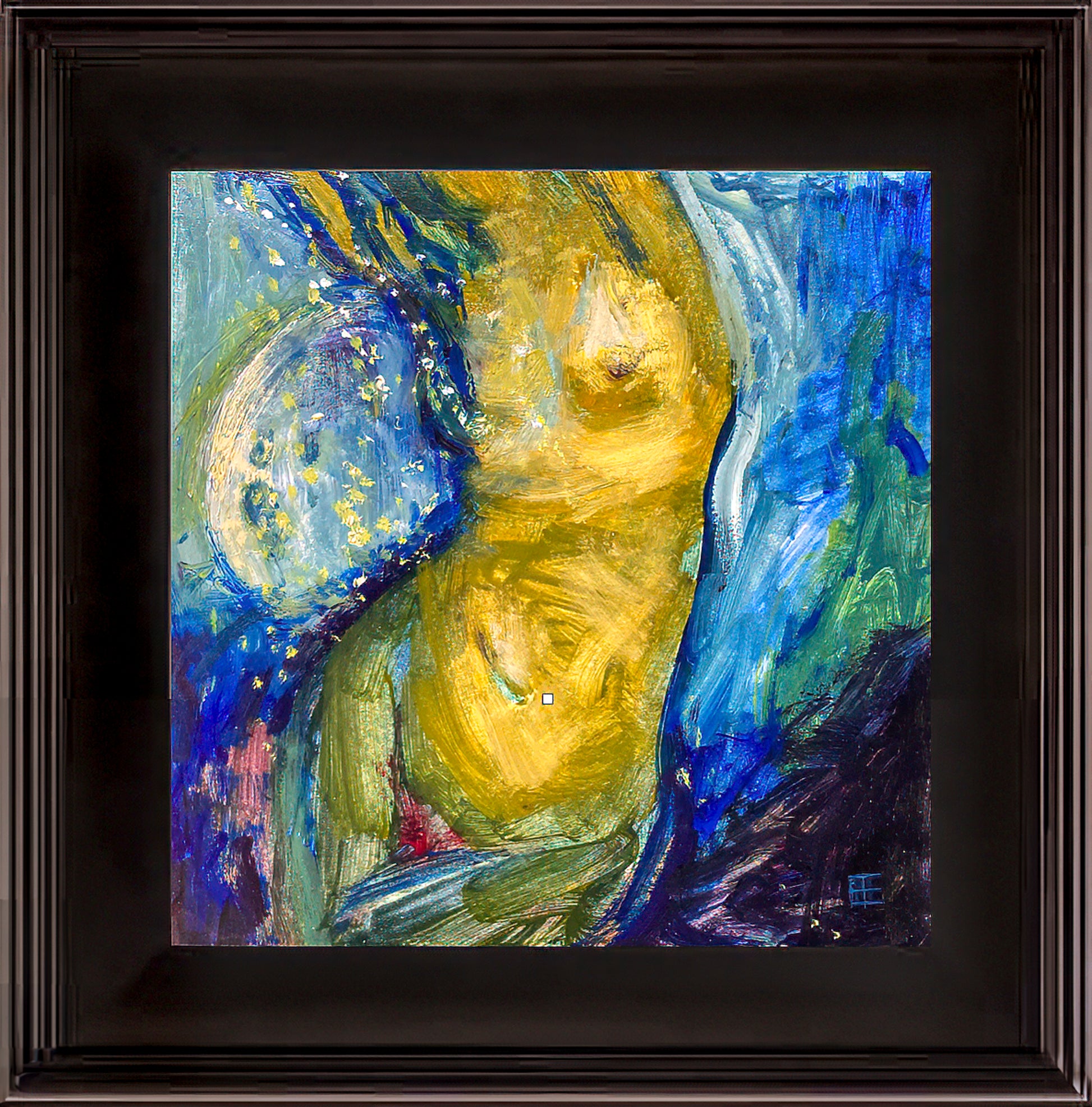 Oil painting of nude female figure sits cradled within the curves of the moon, bathed in a soft, ethereal light; palette of blues, yellows, w/hints of purple and red; shown with 2" black wood frame; artist E. E. Jacks