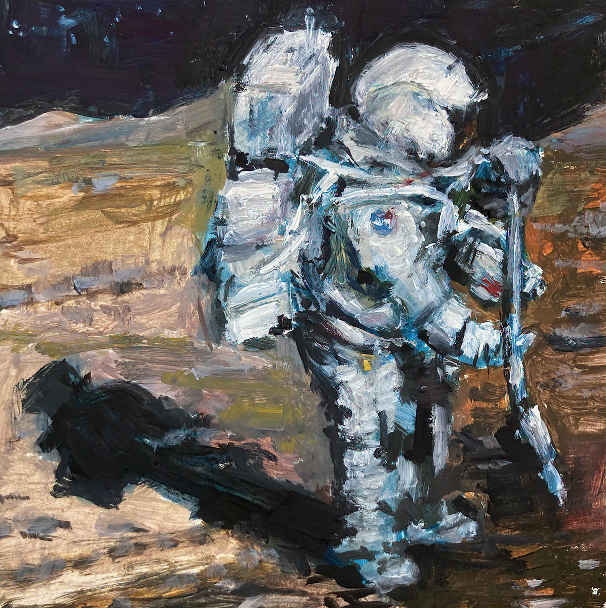 Oil painting of astronaut walking on lunar landscape titled 'Moon Walk' by E. E. Jacks