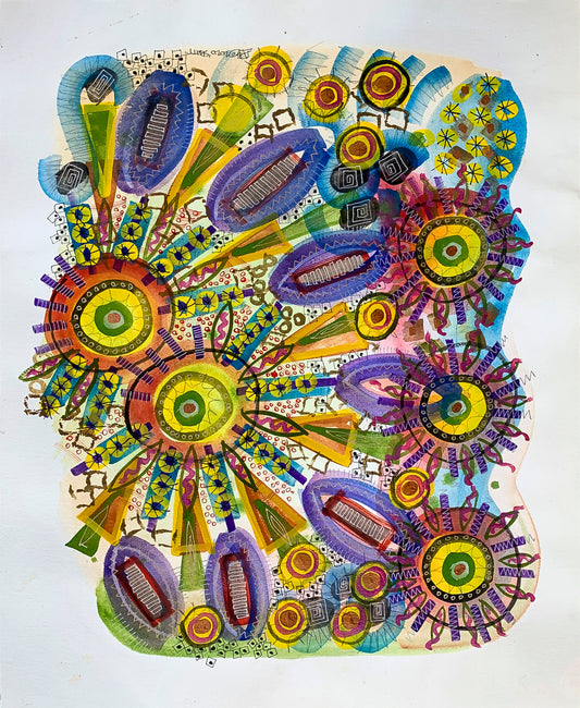 Abstract mixed media colorful image by Jenifer Hernandez - use of paint, markers, added bits of paper title 'Make It Pop'
