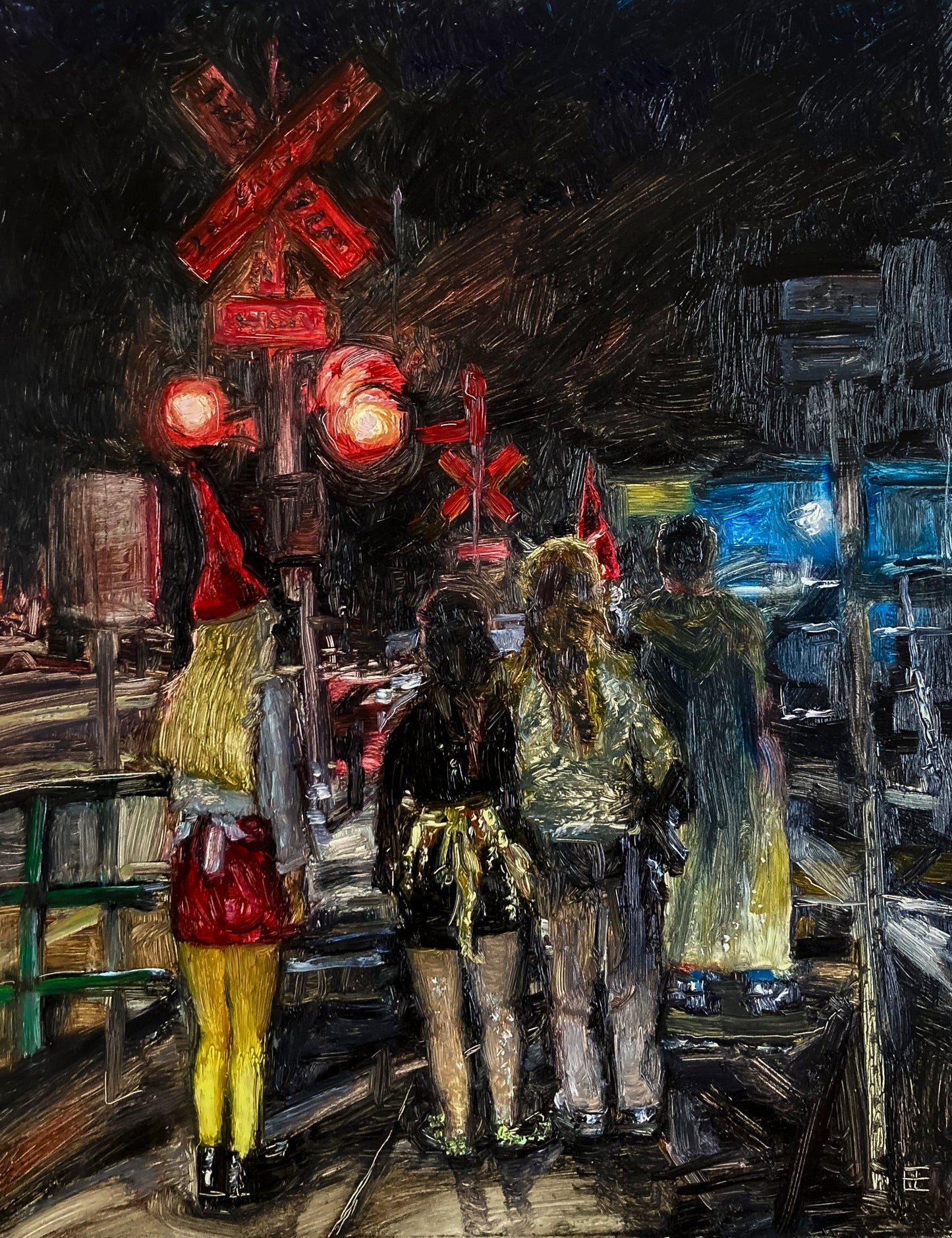 Four colorful costumed characters gathered by a glowing railroad crossing at night; E. E. Jacks artist