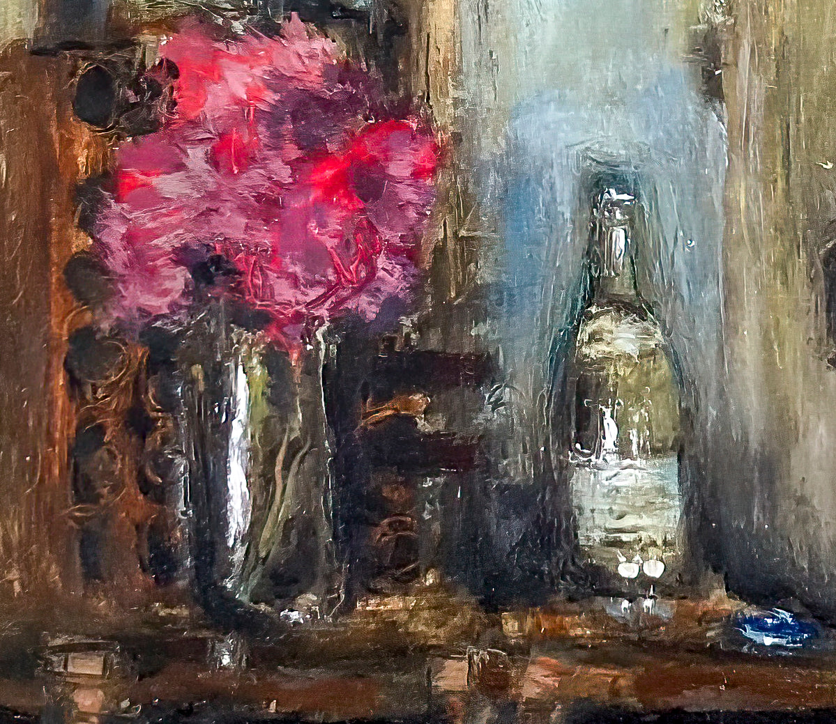 A close up of the vase of flowers and bottle of wine sitting on the table shows the application of the oil paints, shadows and texture.