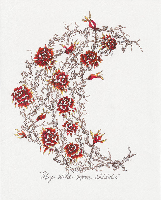 Pen and ink drawing of roses around a half-moon by artist Wendy Jo Manzano; measures 9