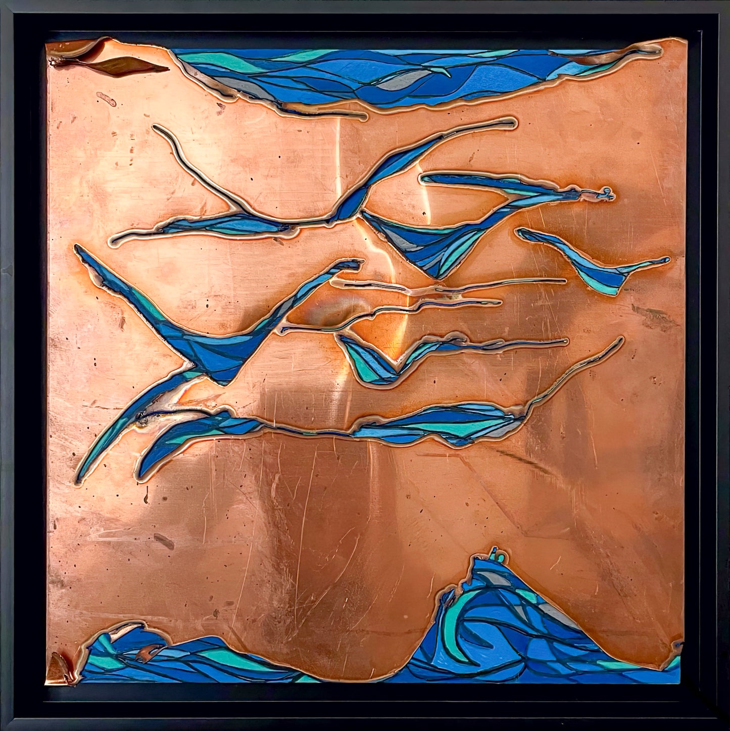 With the blending of the earthy tones of the copper and blue acrylic, this painting shows the blending of earth and sea and the flowing movements embraced by both.