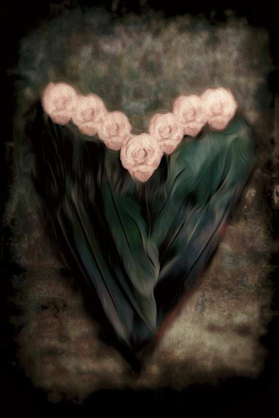 A digital composite surrealistic photographic image of a heart made from bird's wings topped with pink roses; 8'W x 10