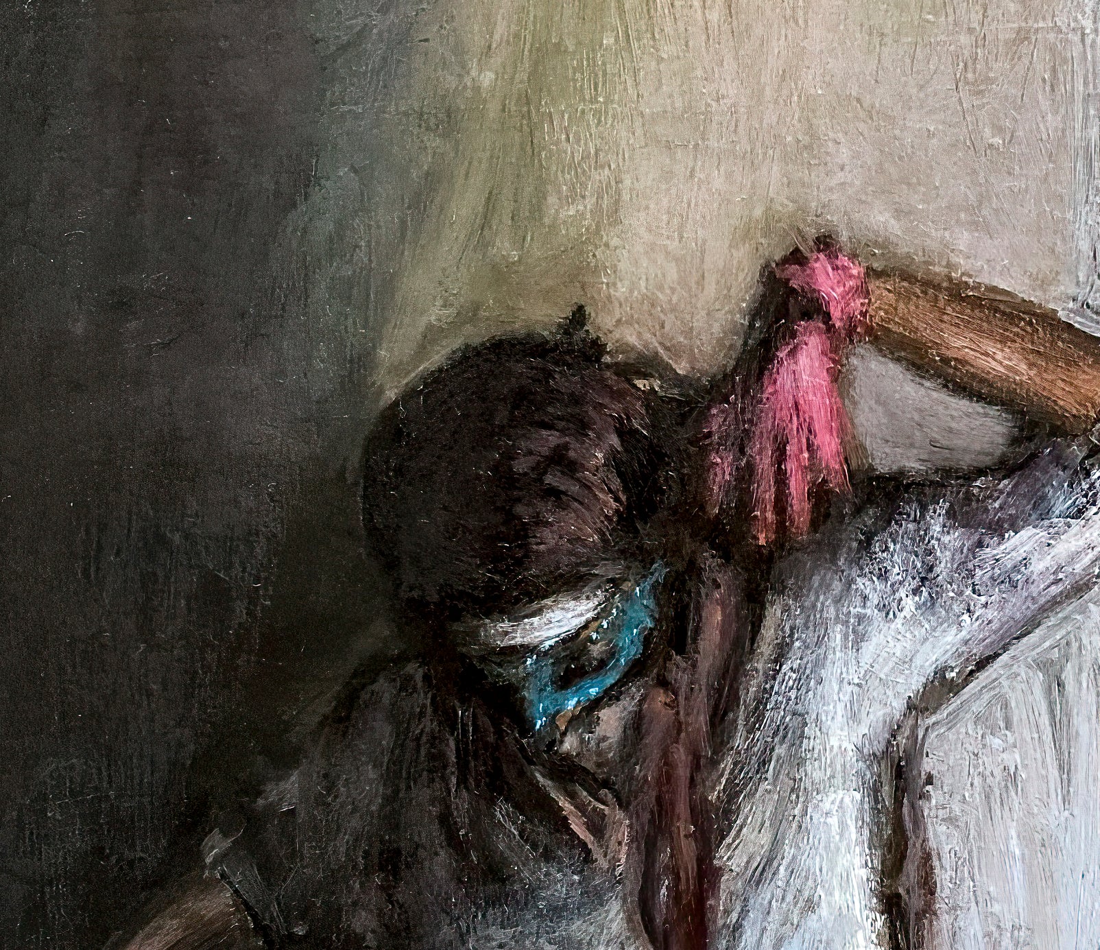 Closeup of woman's head and mask; Oil painting of a woman in white wearing a blue mask looking downwards; she is standing against an off-white wall, wearing pink gloves and has hands raised; artist E. E. Jacks