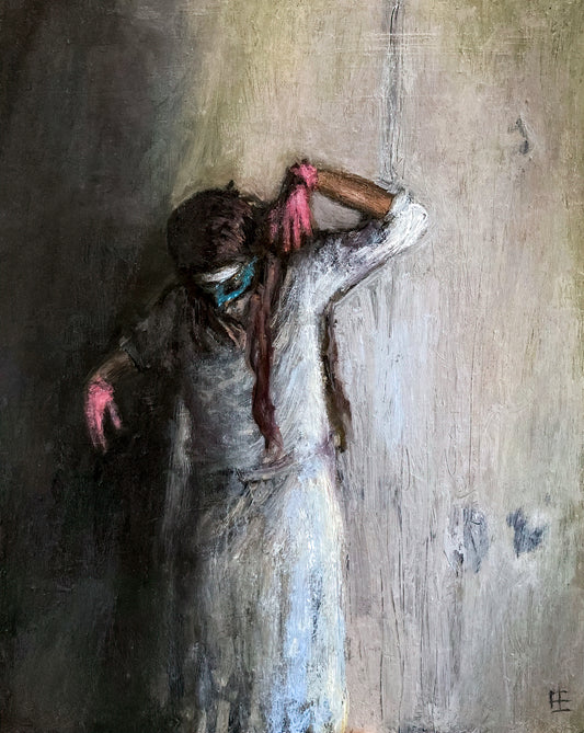 Oil painting of a woman in white wearing a blue mask looking downwards;  she is standing against an off-white wall, wearing pink gloves and has hands raised; artist E. E. Jacks