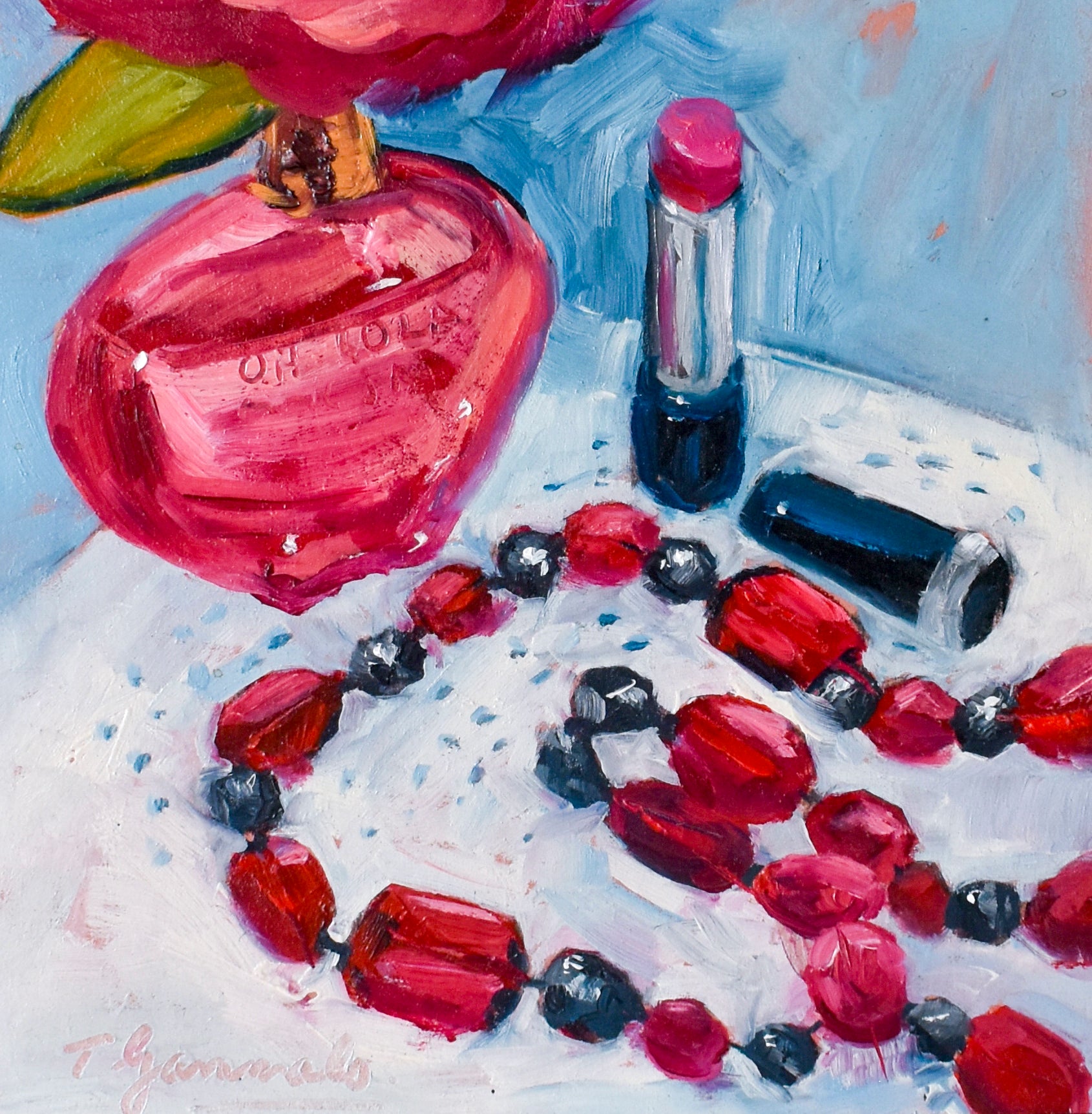 Painting depicts a vanity table top with a perfume bottle, lipstick and red beaded necklace.