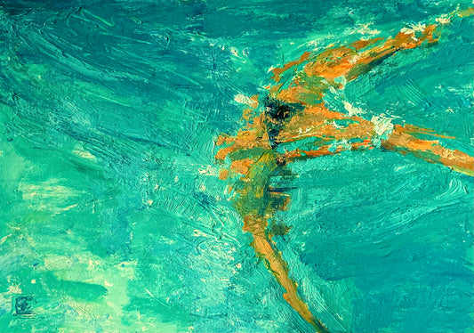 This oil painting shows a swimmer have submerged, floating in the water.  The water appears in hues of teal, with ripples and reflections of light. 