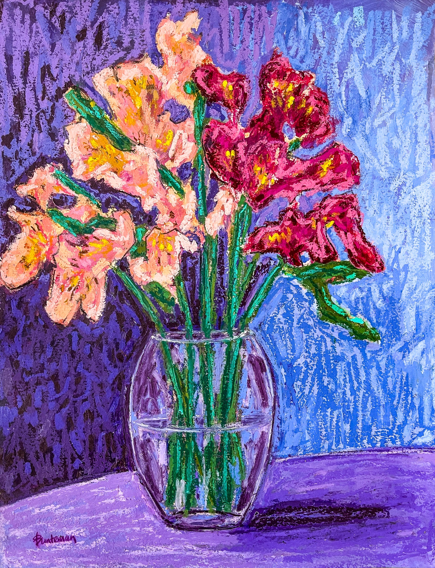 Bright and colorful oil pastel painting of clear glass vase filled with burgundy and peach Peruvian lilies against and blue and purple background; artist Rachel Bunteman