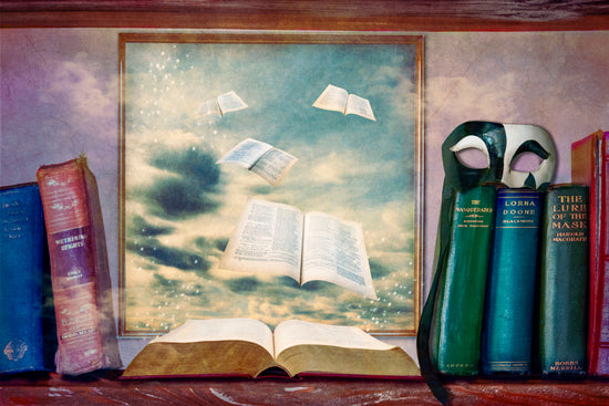 Digital composite of bookshelf holding books and a mask;  window is in the middle of the wall and pages of an open book are flying out; artist Jane Ouweleen