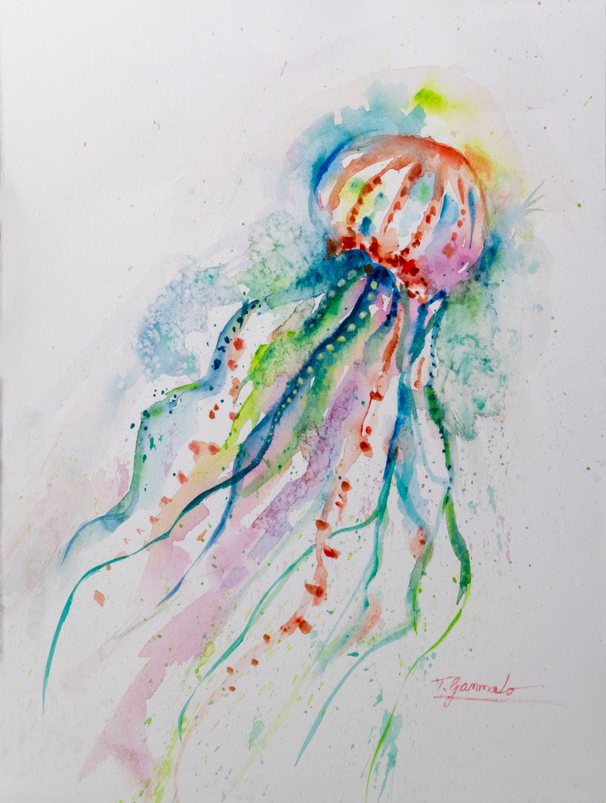 Colorful watercolor drawing of a jellyfish titled 'Going with the Flow' by artist Teri Gammalo.