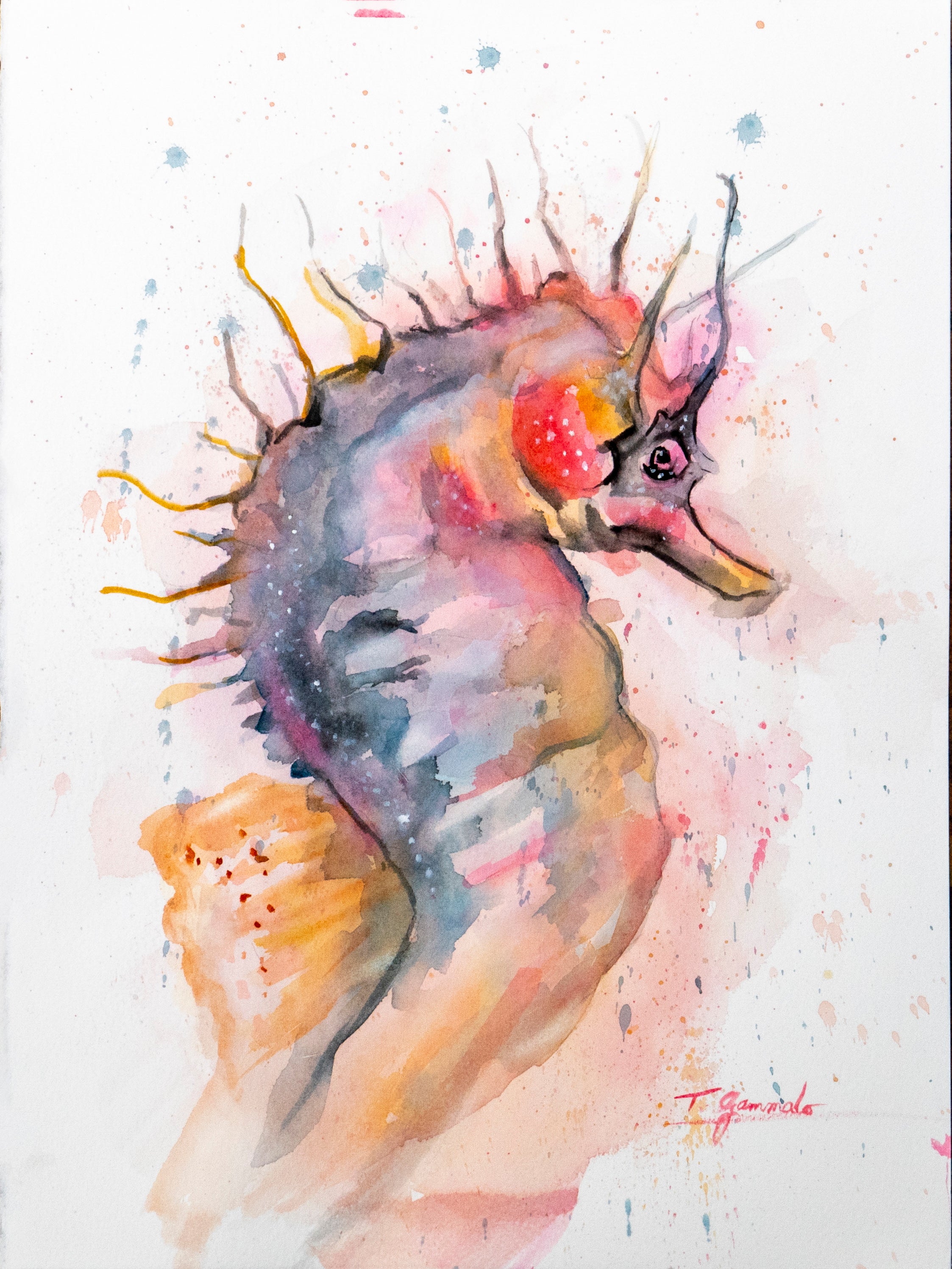 Watercolor painting of sea horse titled 'Horsing Around' by artist Teri Gammalo