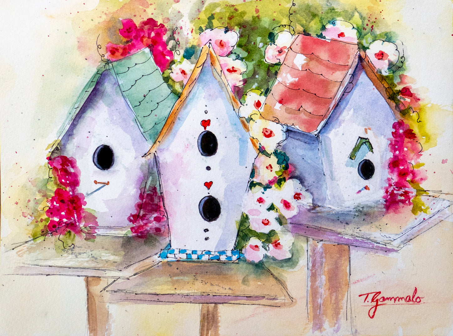 Colorful and whimsical watercolor painting of three birdhouses surrounded by flowers titled 'Cottage Row' by artist Teri Gammalo.